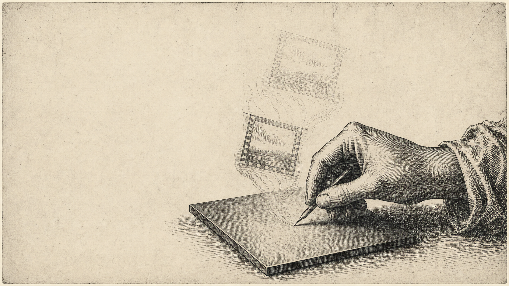 Engraving-style left hand poised over a printing plate